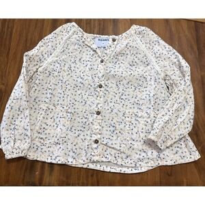 Old Navy 5T Painters Top Adorable Yellow Blue Flowers Front Pockets Crochet Trim